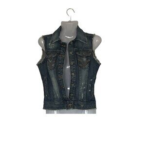 GUESS  vest button up Embroidery Raw Edge Logo Hardware Distressed Bleach Denim